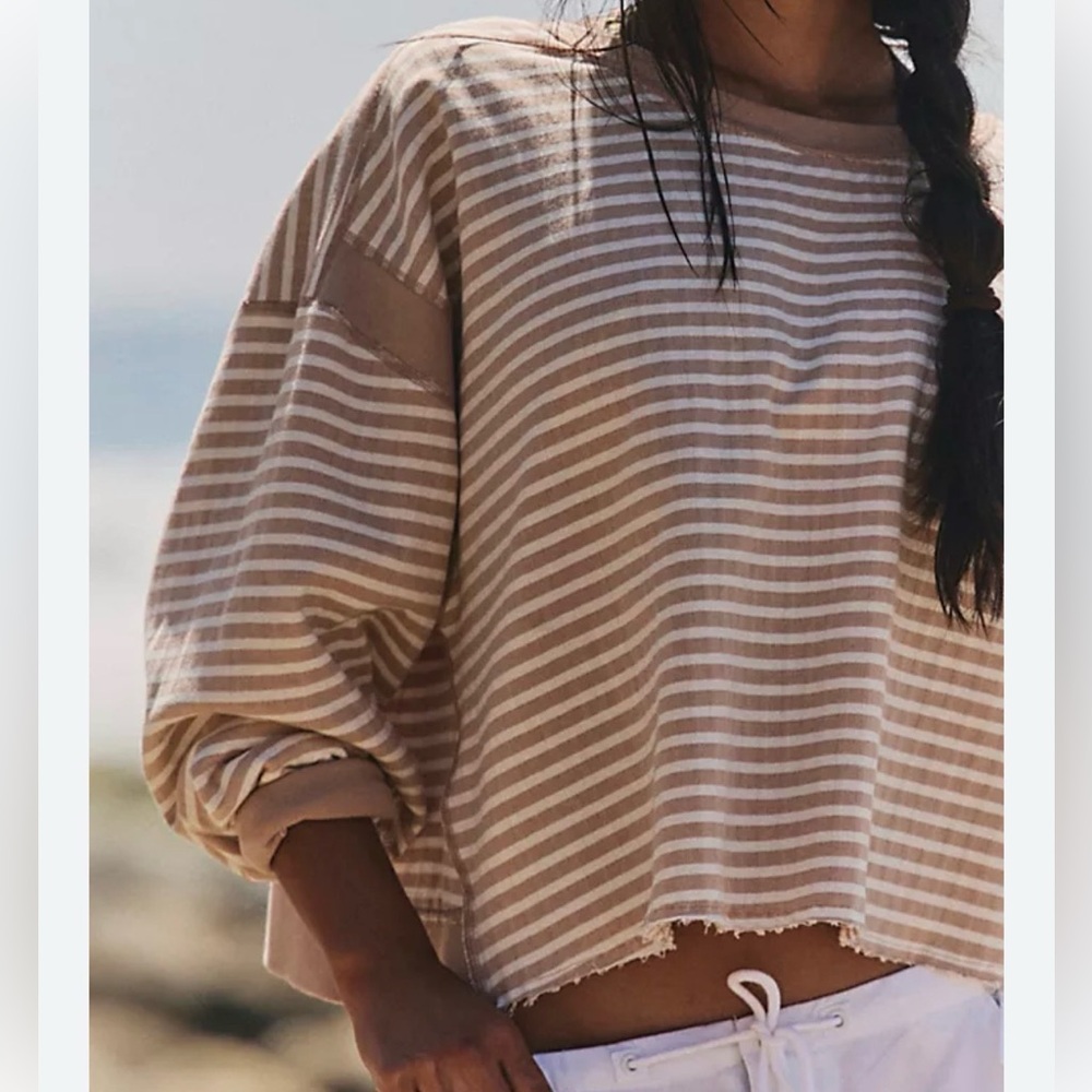 FP Movement by Free People Beige and White Striped Cropped Long Sleeve Top